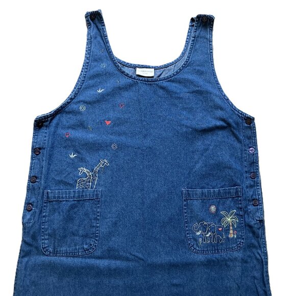 Denim Chambray Maxi Dress Jumper Noah's Ark Embroidery 90s Cotton Casual XL - Picture 2 of 8